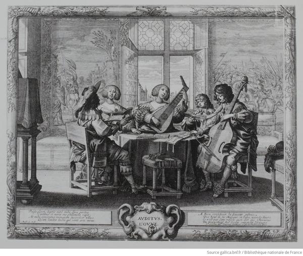 Depiction of a group playing and singing music around a table